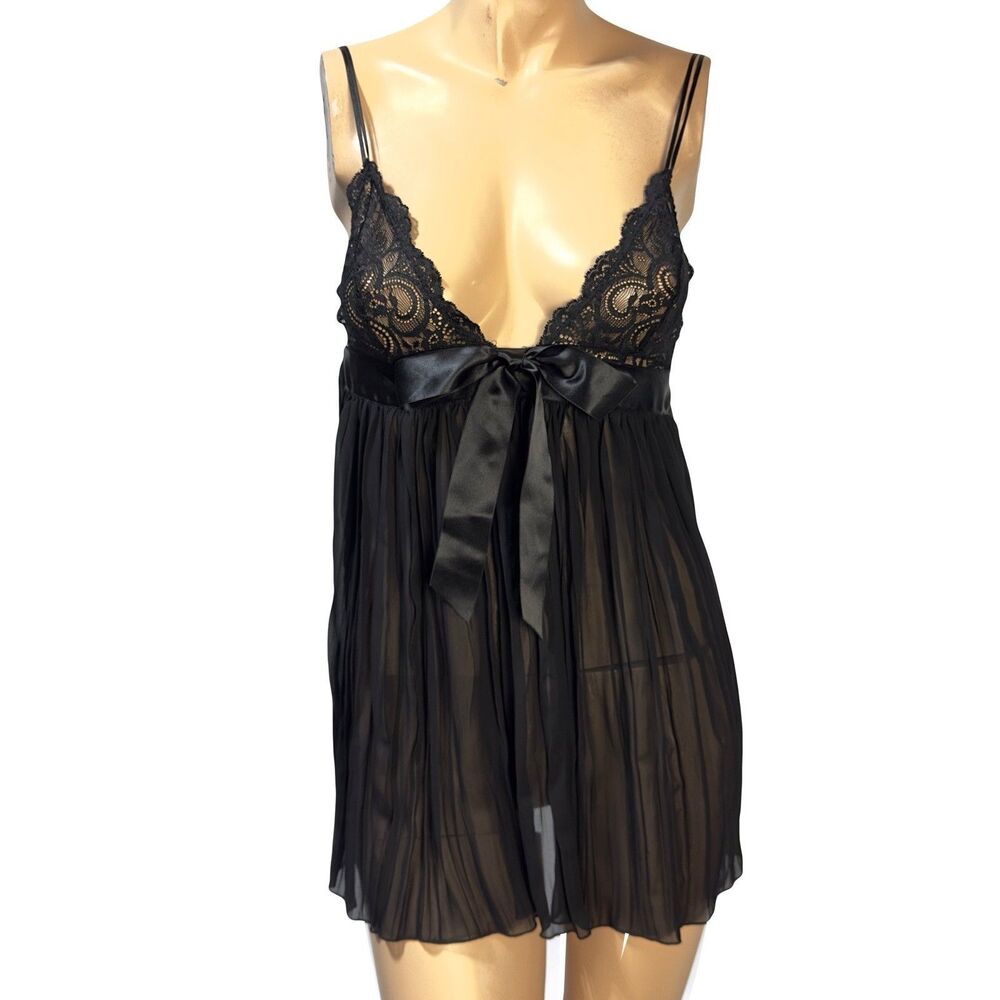 Victoria’s Secret Black Babydoll Slip Nightie Size M Chemise Chiffon Lace Bow